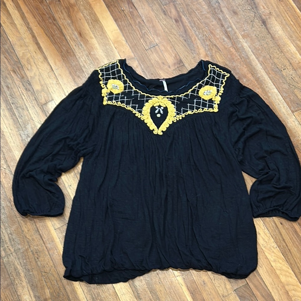 Free People Black and Yellow Relaxed Embroidered Blouson Top
